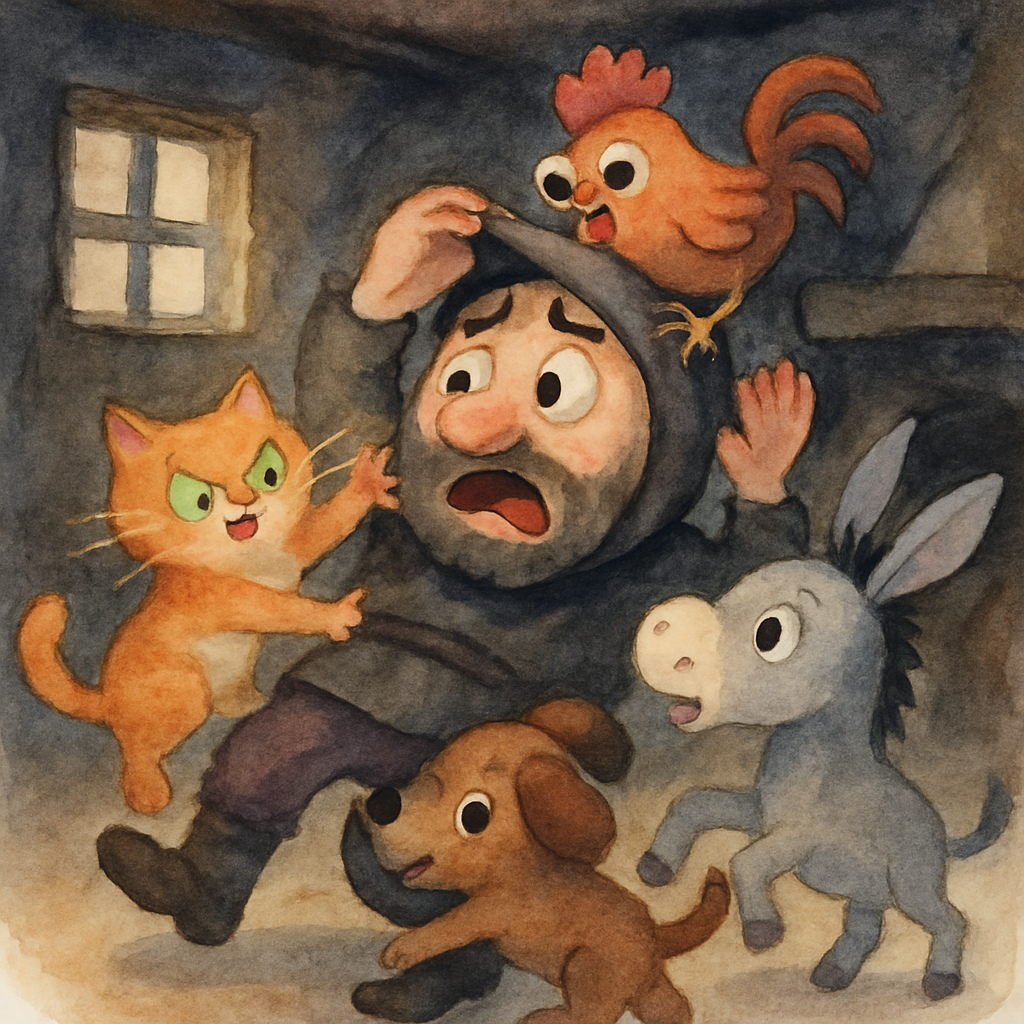 한밤중에 돌아온 도둑 대장을 동물들이 공격하는 장면